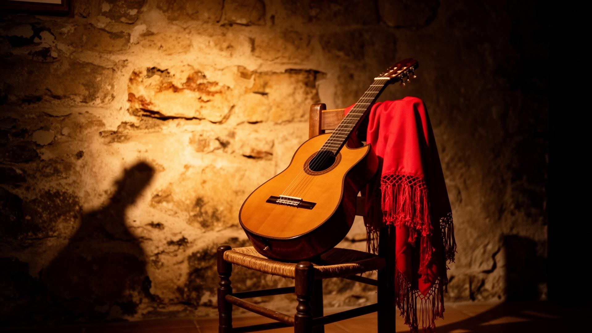 Hiszpańska gitara i czerwona chusta flamenco na krześle na tle starej kamiennej ściany w ciepłym świetle