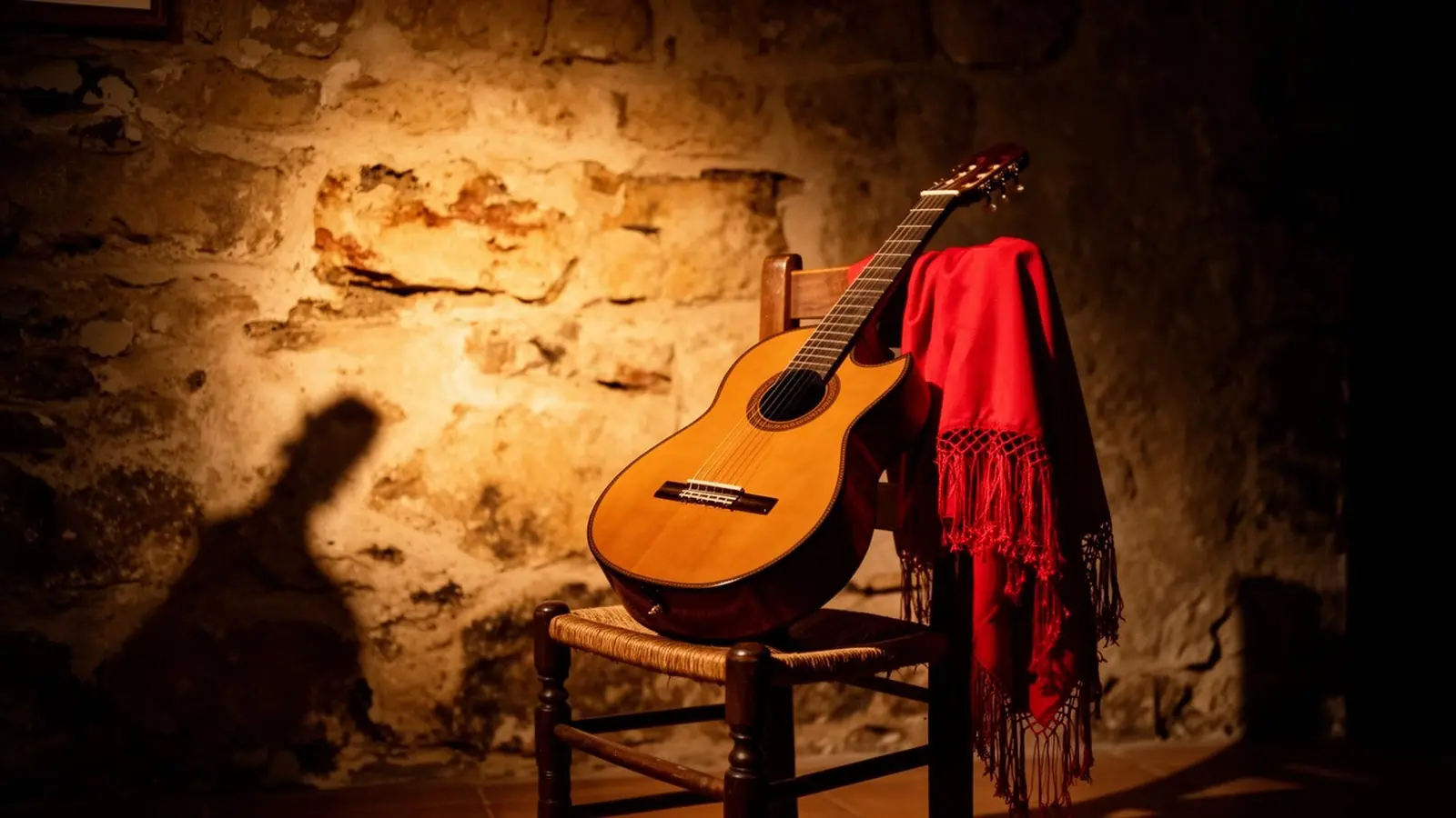 Spanish guitar and red flamenco shawl on a chair against an aged stone wall in warm tungsten light