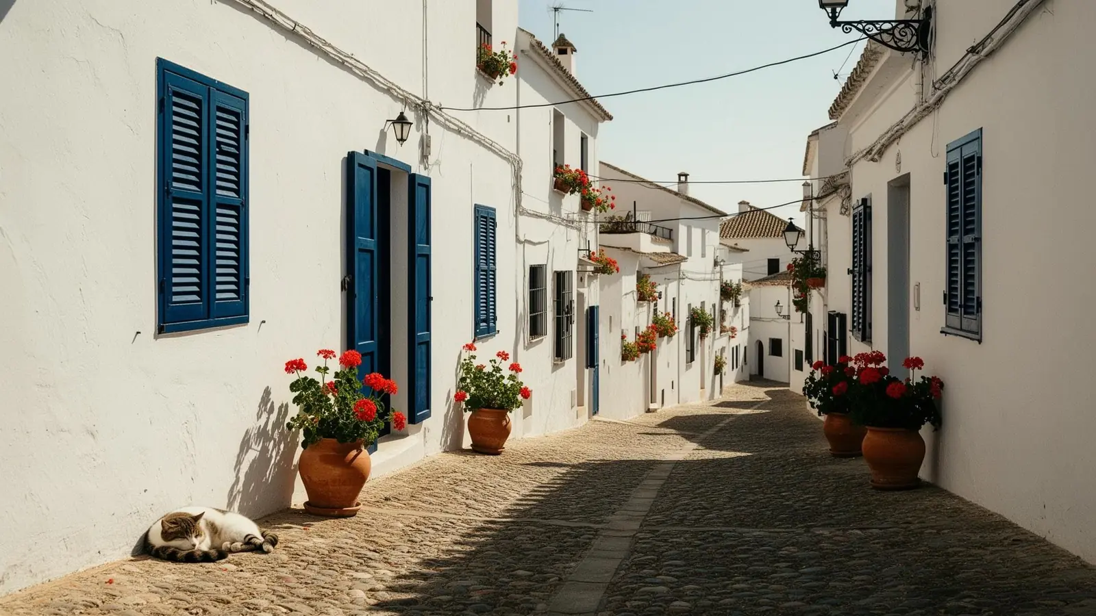 Quiet Andalusian white village street at midday with blue shutters and terracotta pots