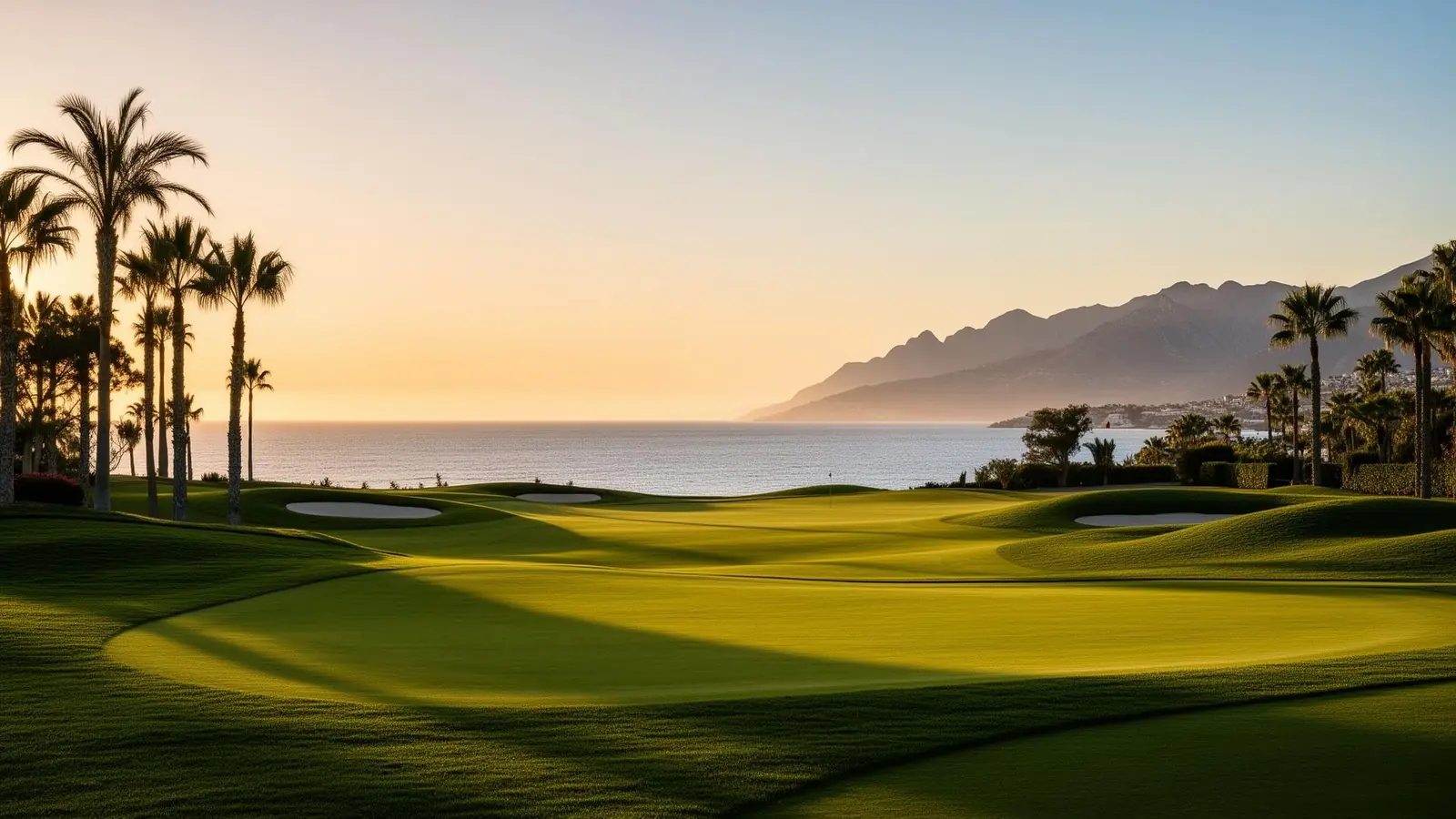 Pole golfowe na Costa del Sol w złotej godzinie z widokiem na morze