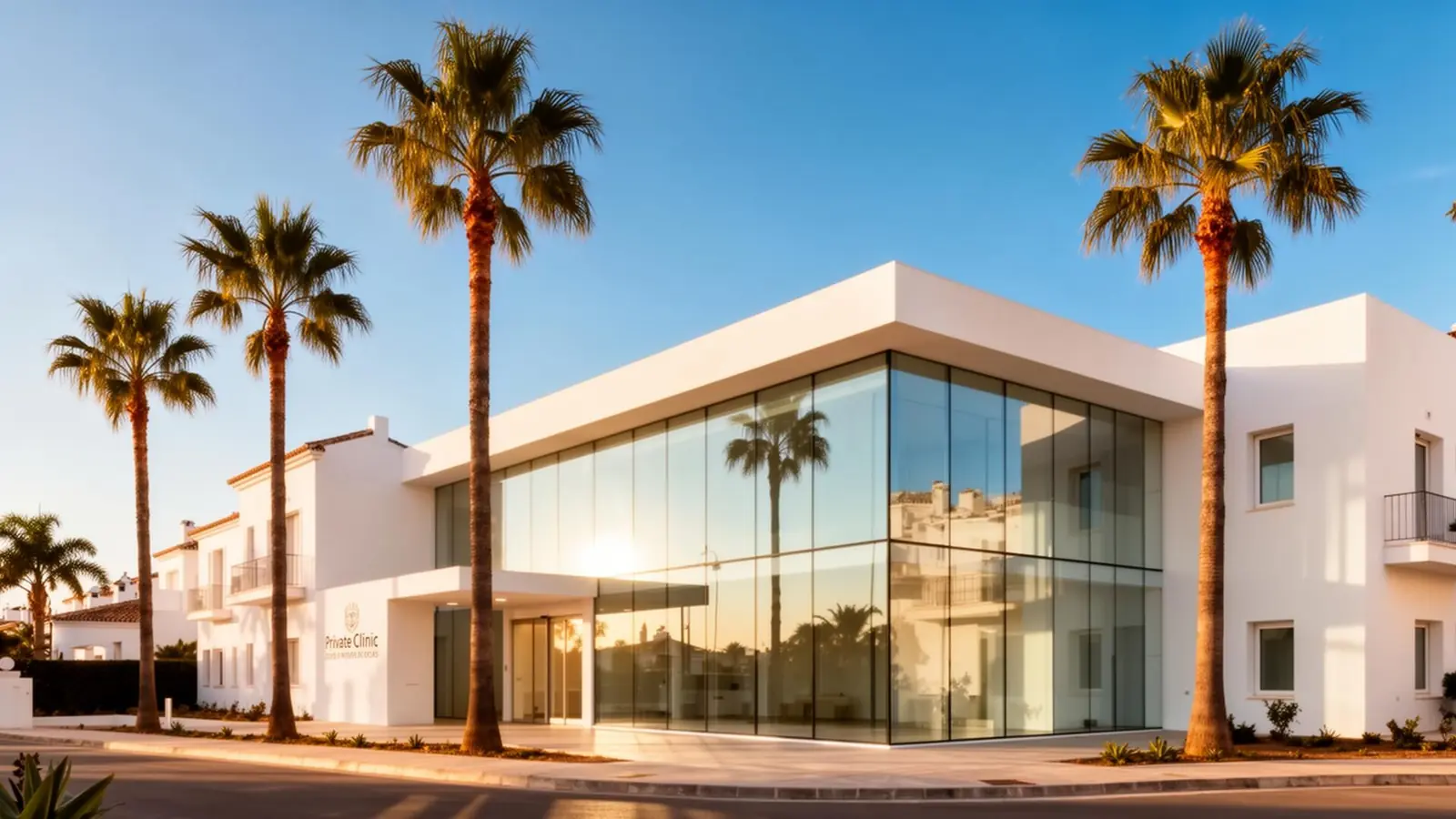 Nowoczesna prywatna klinika na Costa del Sol z palmami o zachodzie słońca