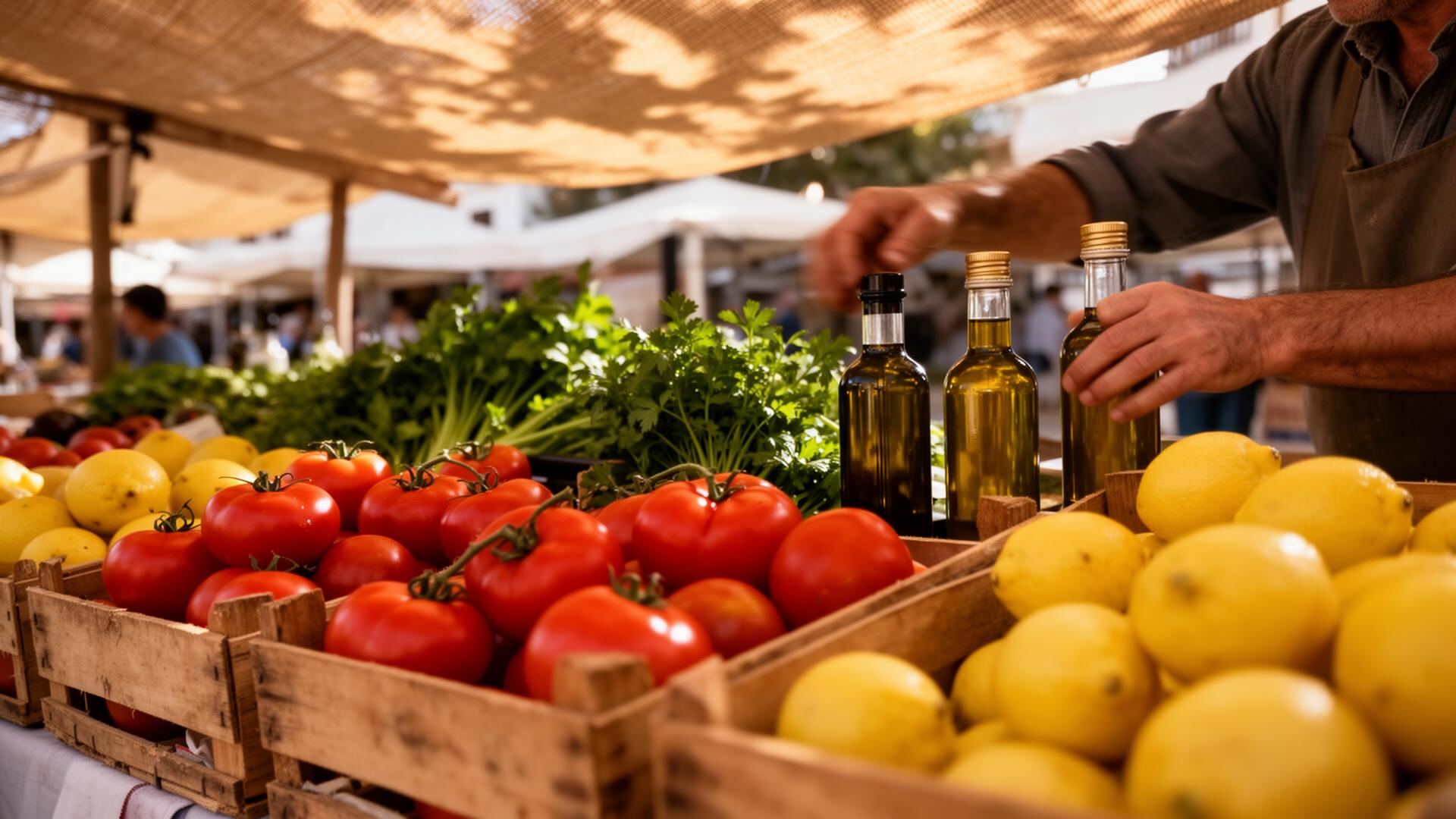 Andalusian weekly mercadillo stall with tomatoes, lemons and olive oil bottles