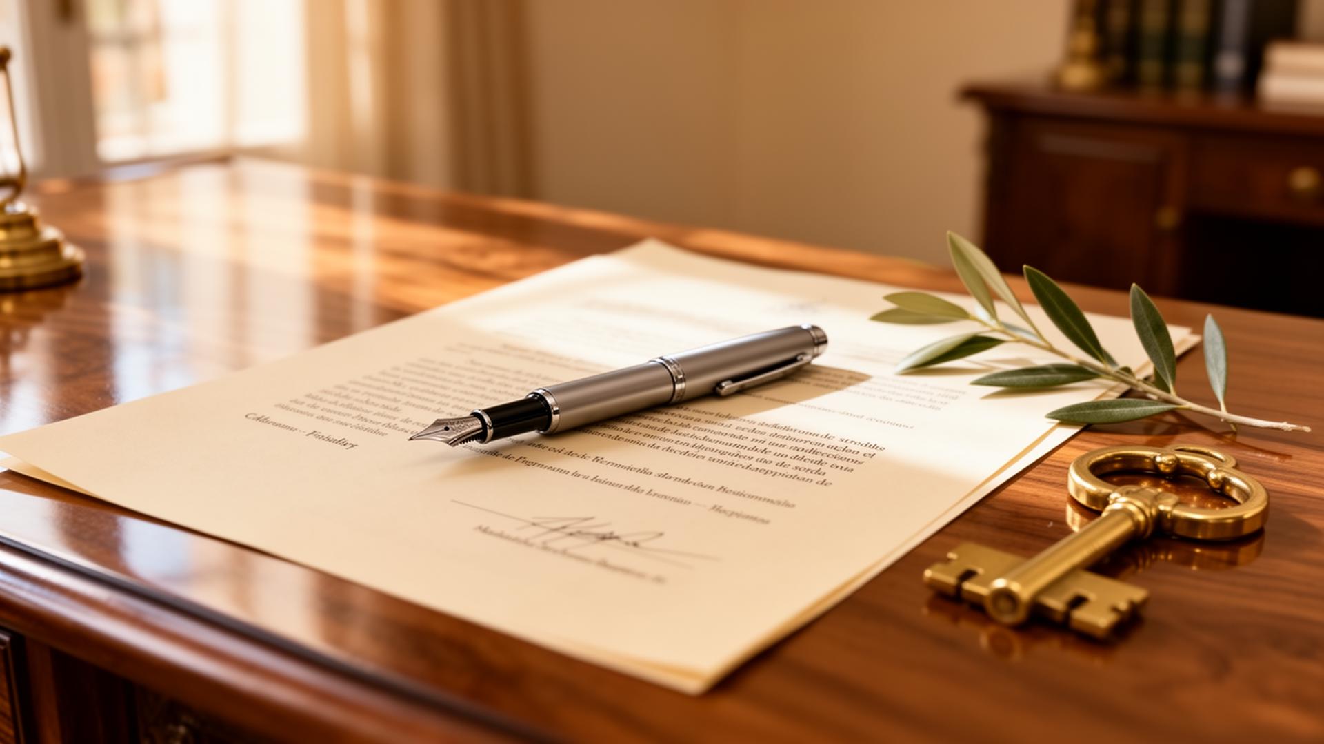 Notary desk with fountain pen, deed and brass keys in soft afternoon light