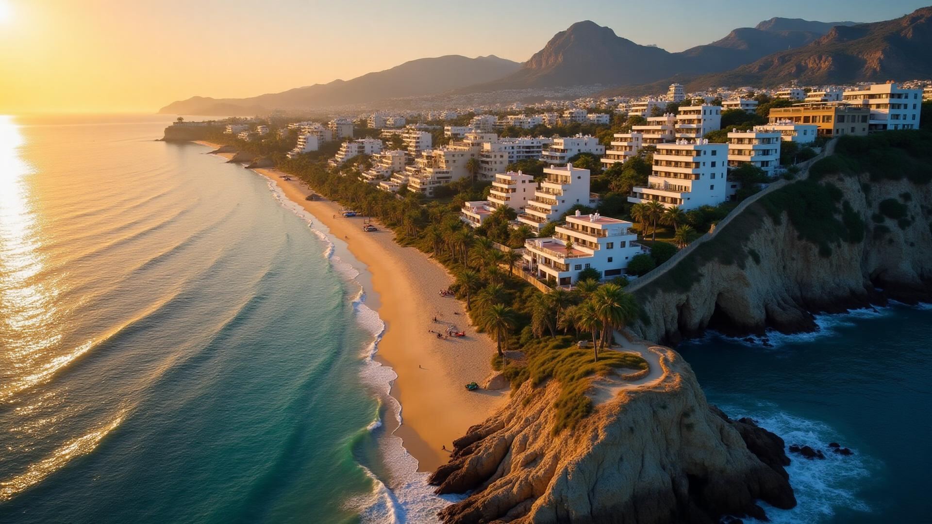 Stunning aerial view of Costa del Sol coastline with luxury properties and azure Mediterranean waters