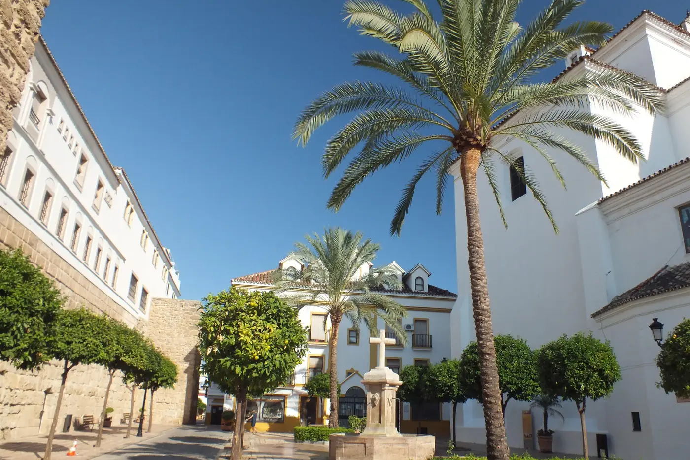 Charming Estepona old town streets with flower-adorned white buildings