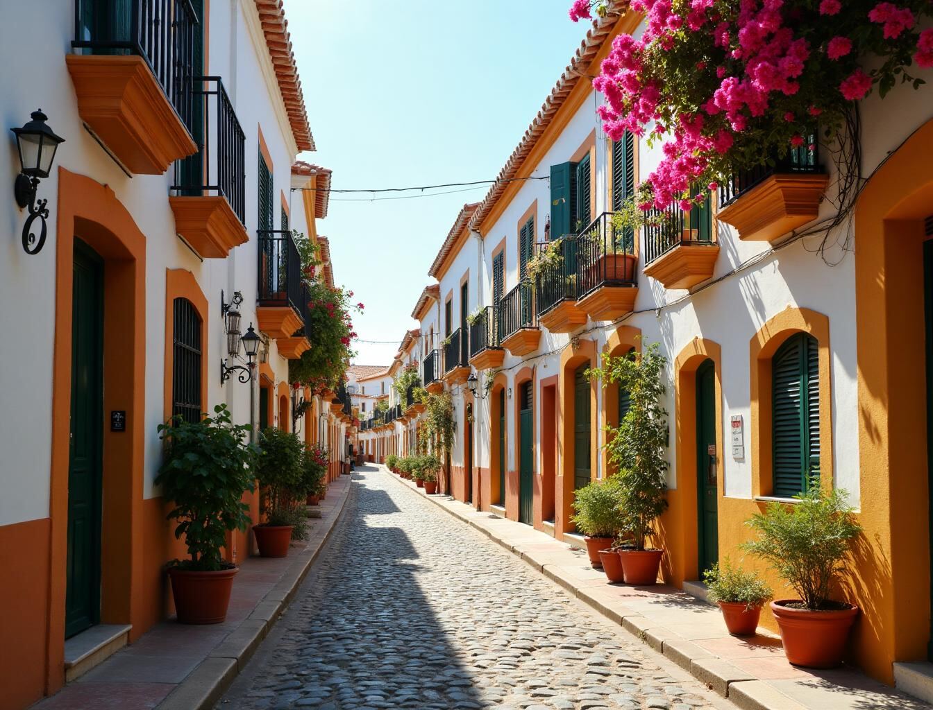 Charming Estepona old town streets with flower-adorned white buildings