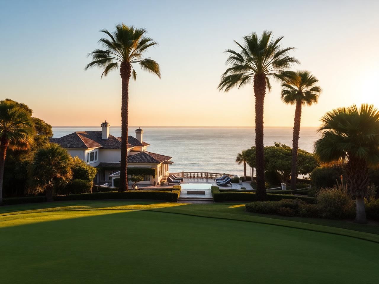 Guadalmina beachfront villa with mature gardens, palm trees and Mediterranean Sea horizon