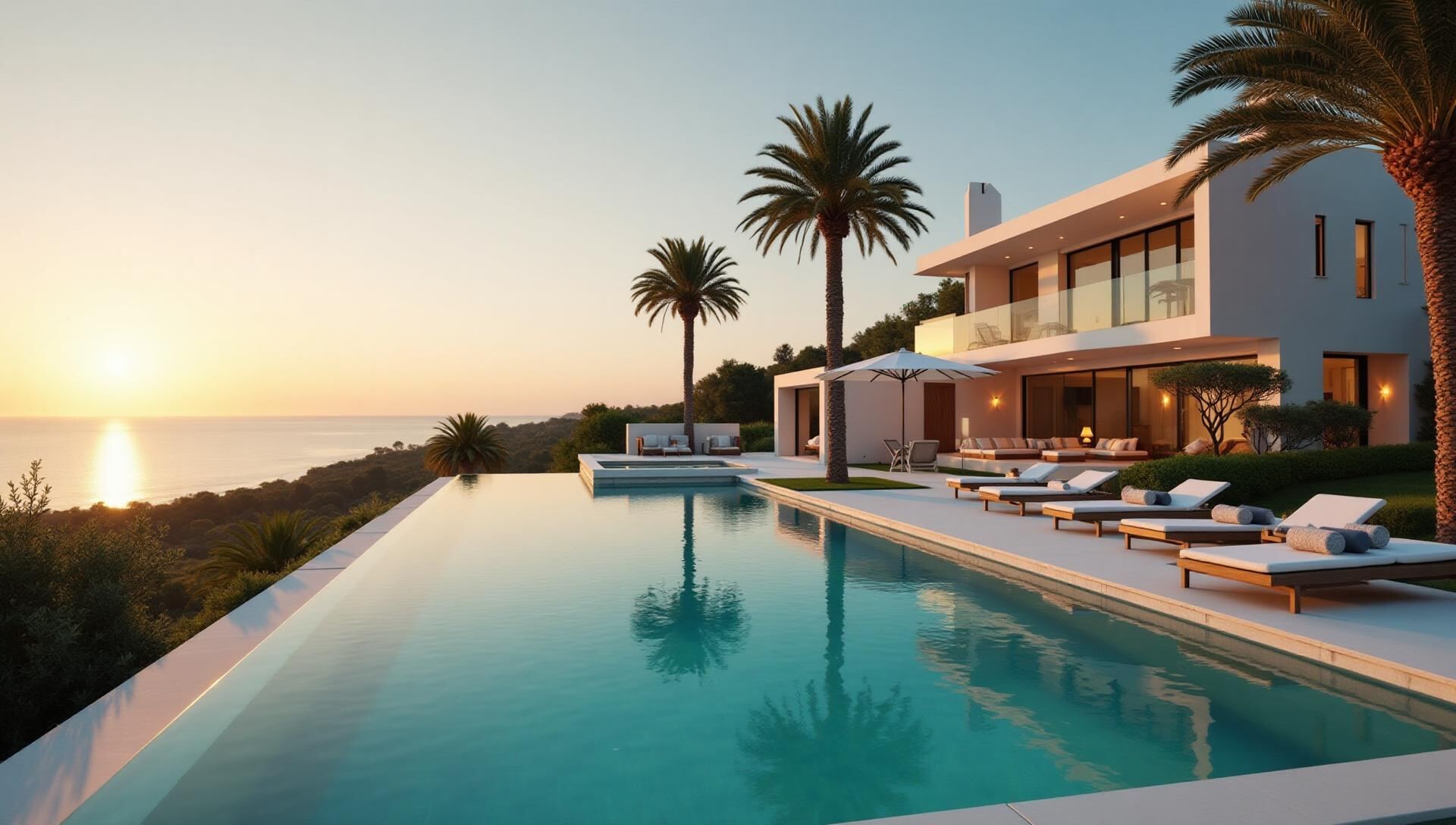 Luxury Mediterranean villa terrace with stunning sunset views over Costa del Sol