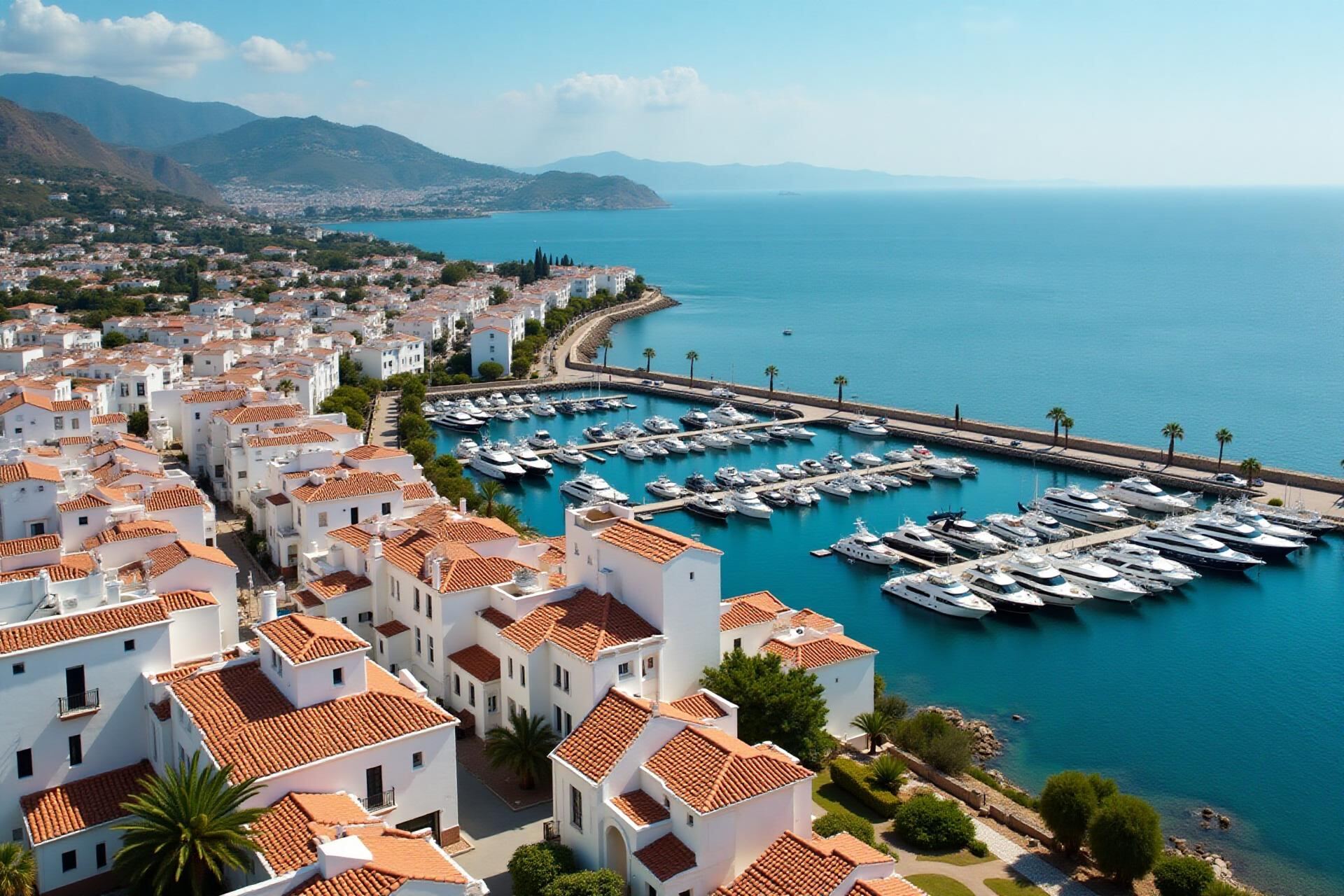 Aerial view of Marbella Golden Mile with luxury beachfront properties and Mediterranean Sea