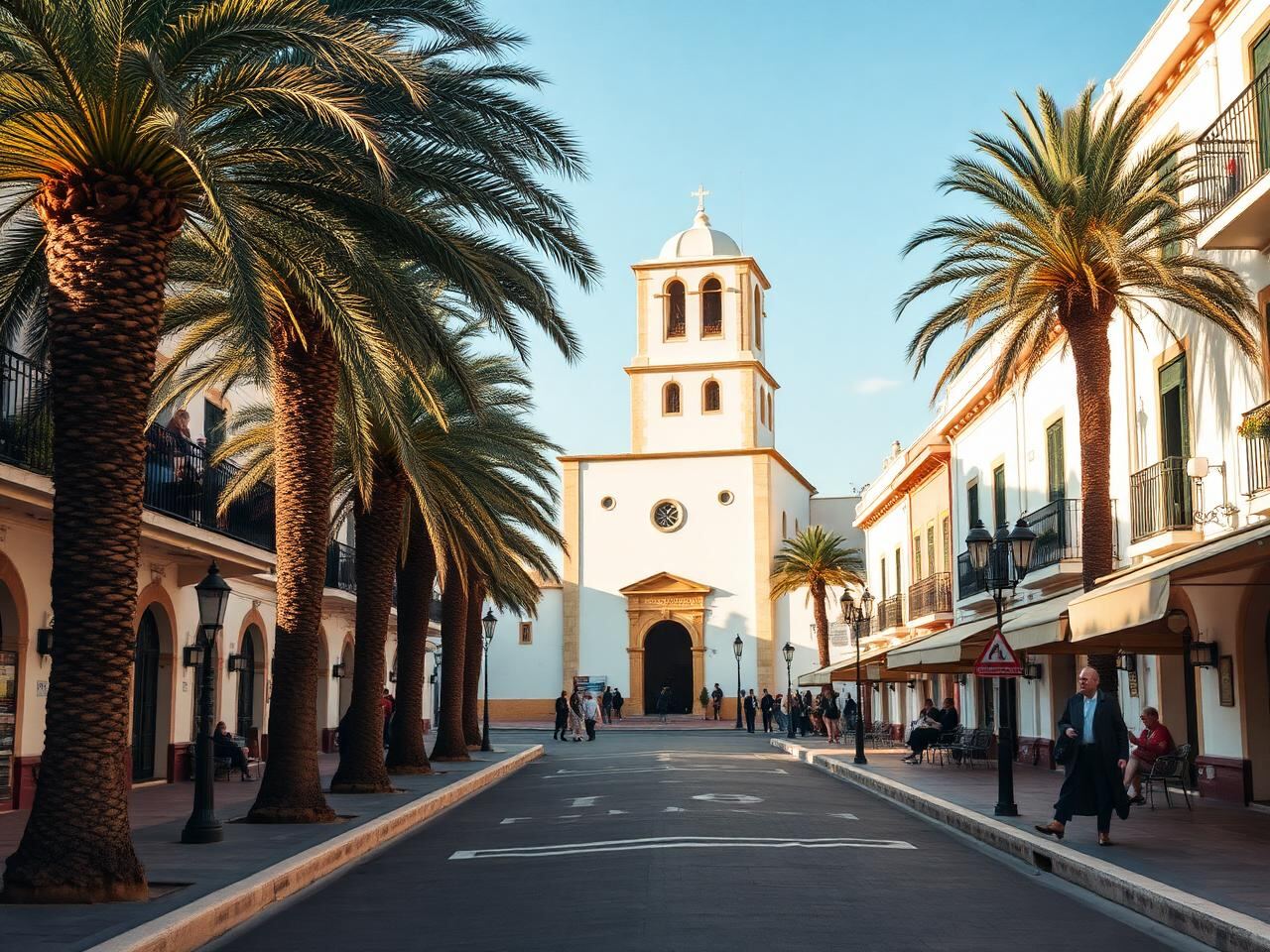 San Pedro de Alcántara historic plaza with whitewashed church and palm-lined boulevard