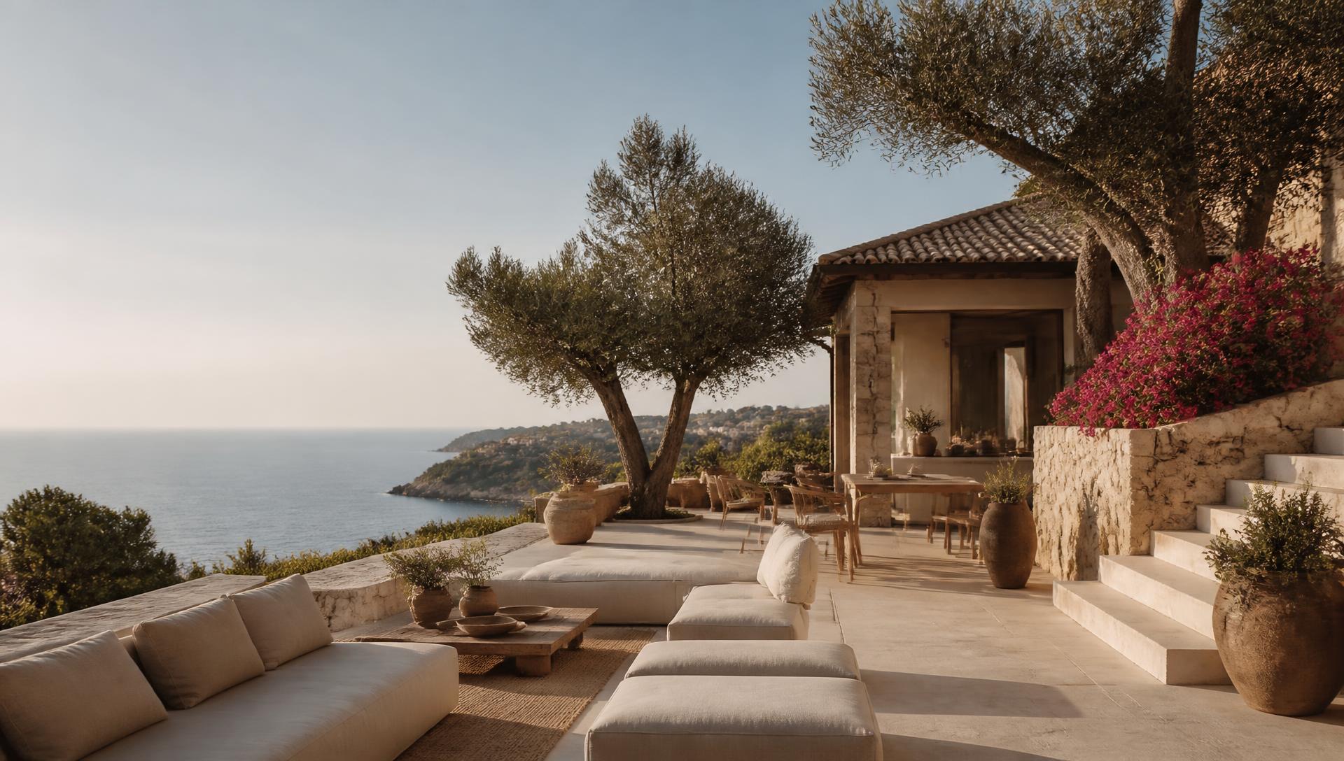 Mediterranean villa terrace on the Costa del Sol in warm late-afternoon light with the sea in the background